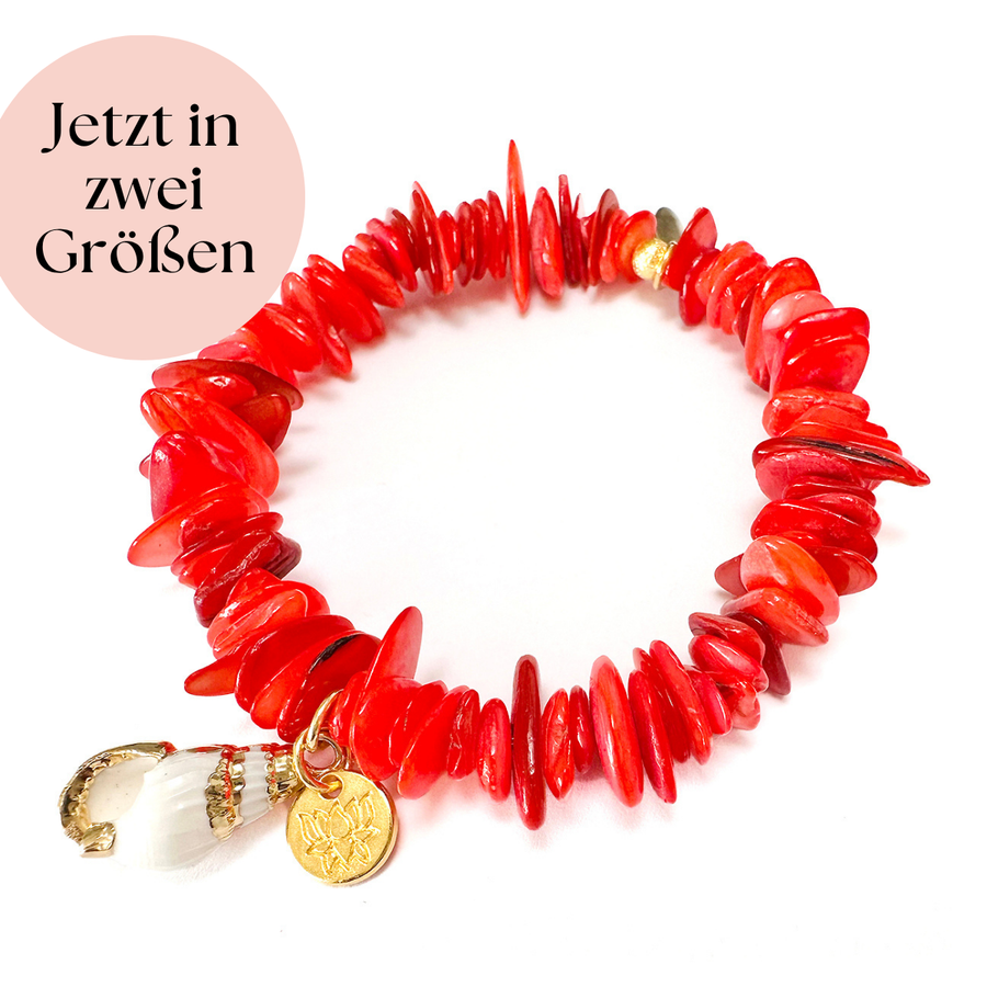 'Coral Crush' Sommerarmband mit Lotus & Muschel, dark coral