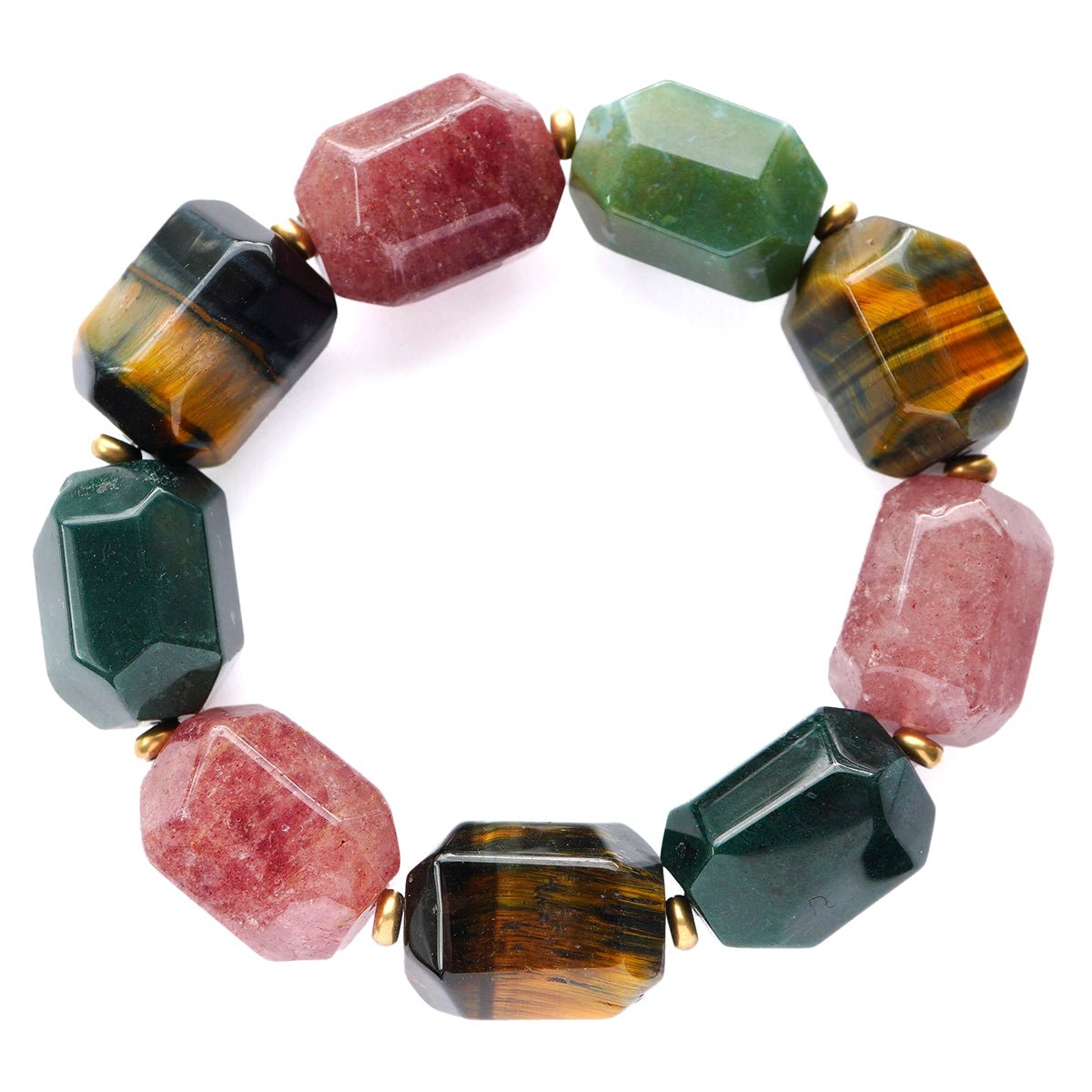 Gaia Edelstein Armband aus Tigerauge, Aventurin und Rubinquarz mit vergoldeten Details, elastisch und facettiert