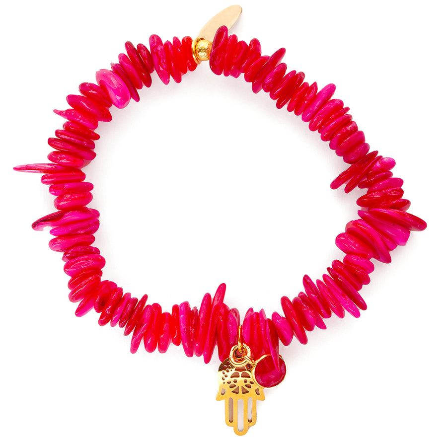 'Elara' Armband mit Fatima Hand – Muschelplättchen, pink