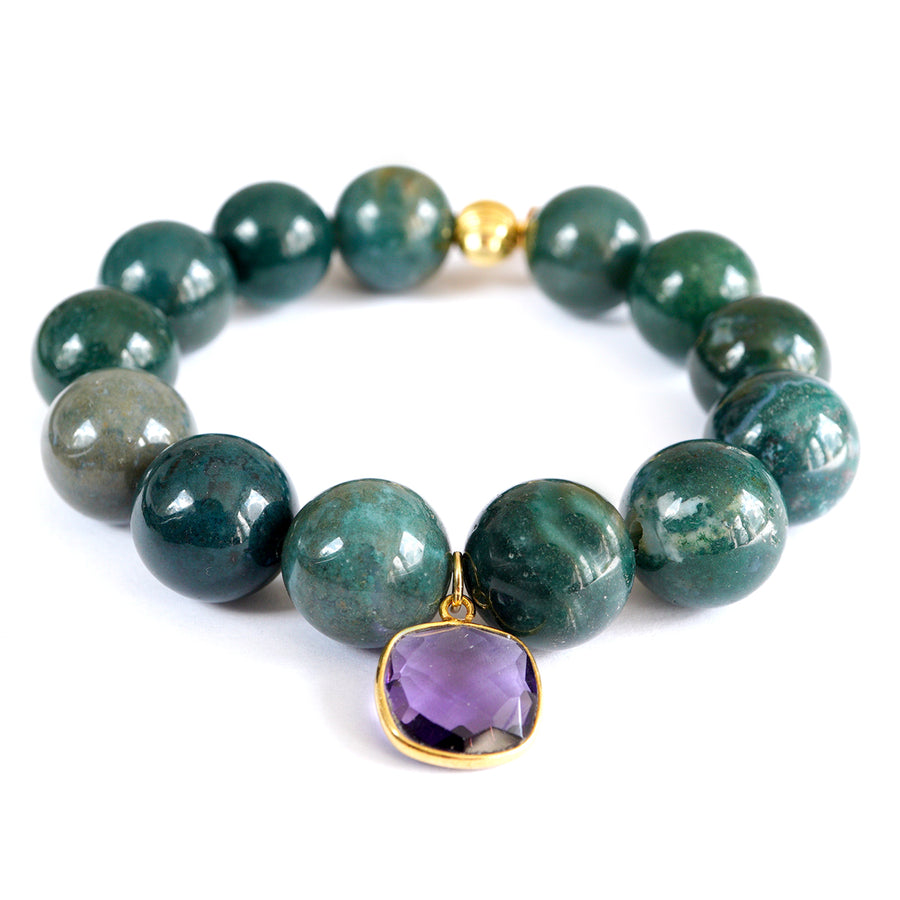 'Liora' Kugelarmband 14mm - Mossacht & Amethyst