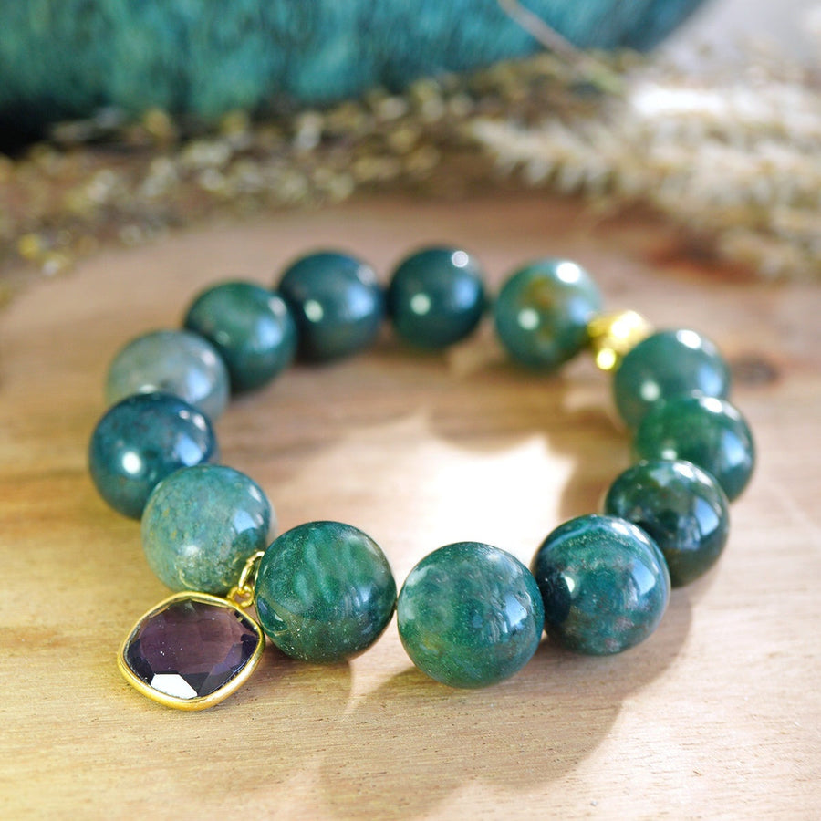 Moosachat Bundle Armband mit 18K vergoldetem Edelstahl und Amethystanhänger