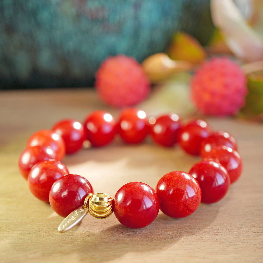 'Eos Dawn’ Kugelarmband 14 mm – Honigjade, rot