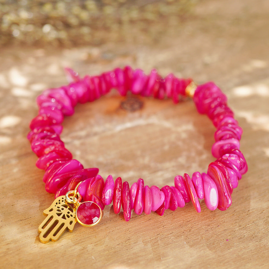 'Elara' Armband mit Fatima Hand – Muschelplättchen, pink