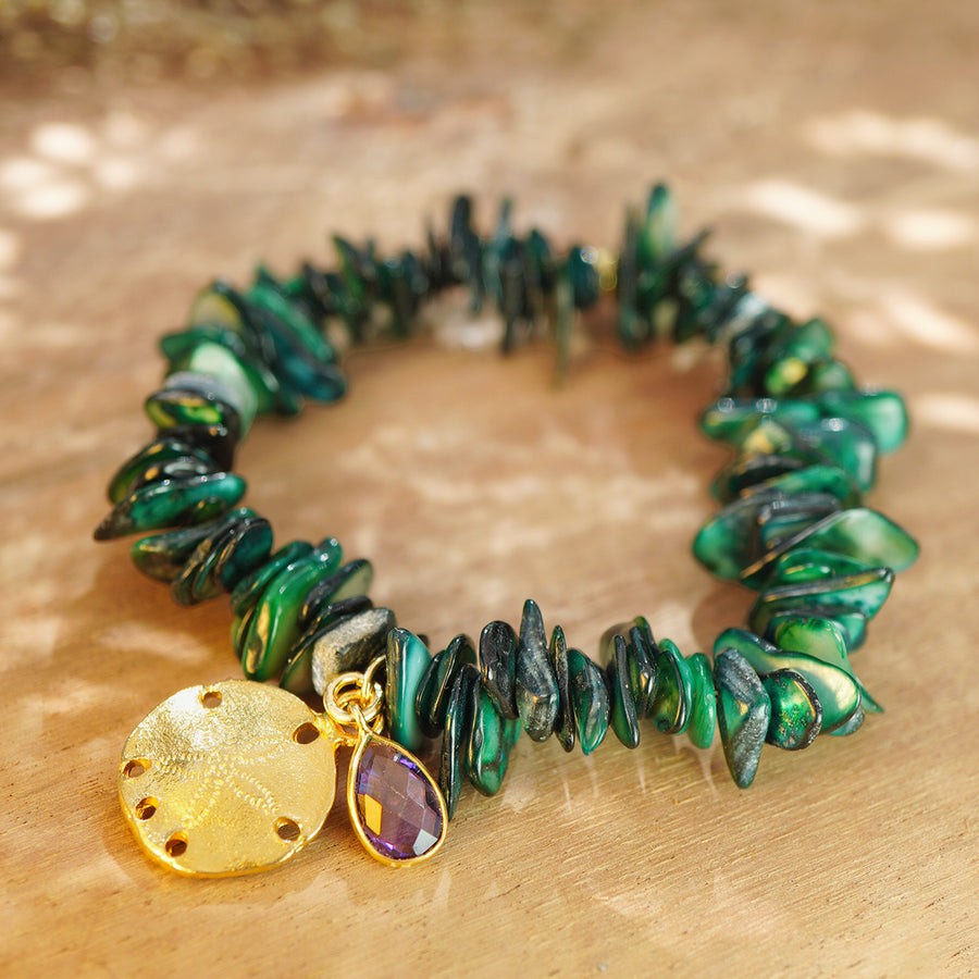 'Vesta' Armband - Muschelplättchen & Amethyst, grün