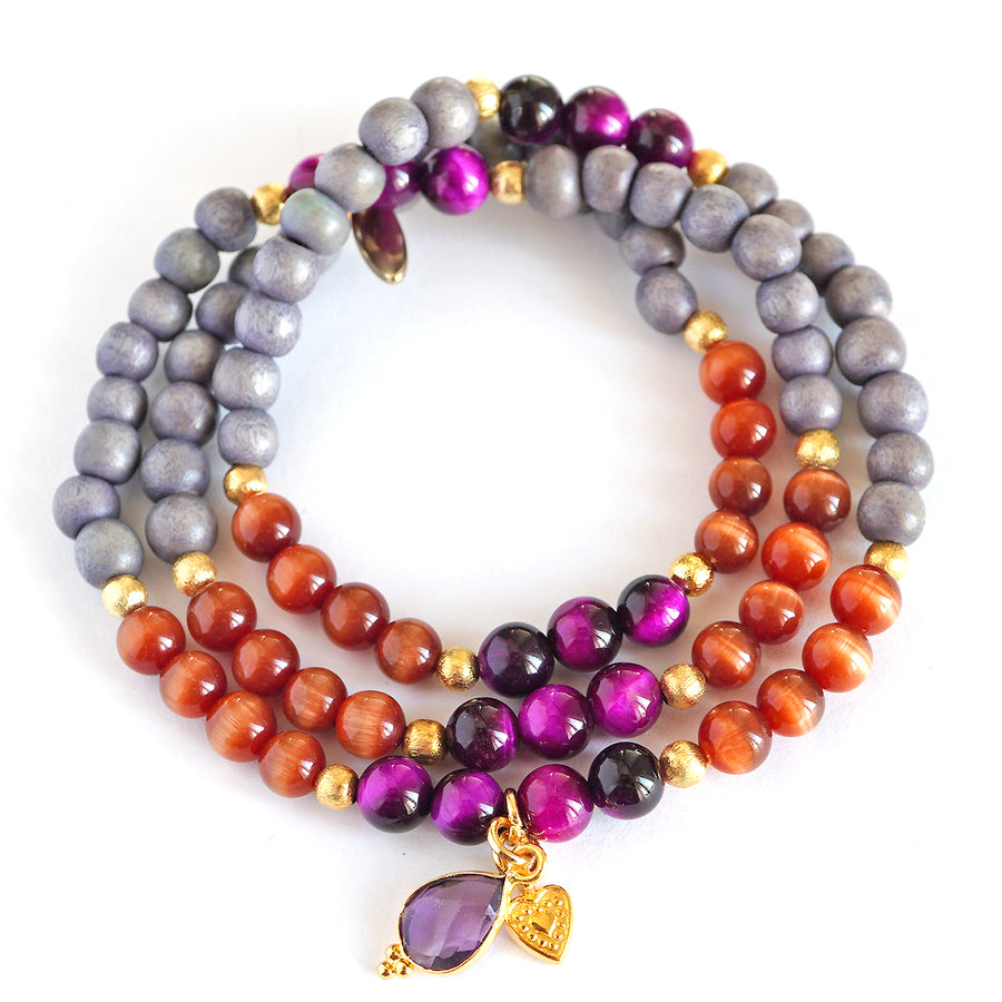 Holz Mala Armband, braun/magenta/grau