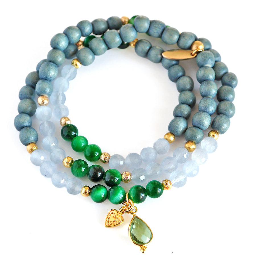Holz Mala Armband, grün/himmel blau