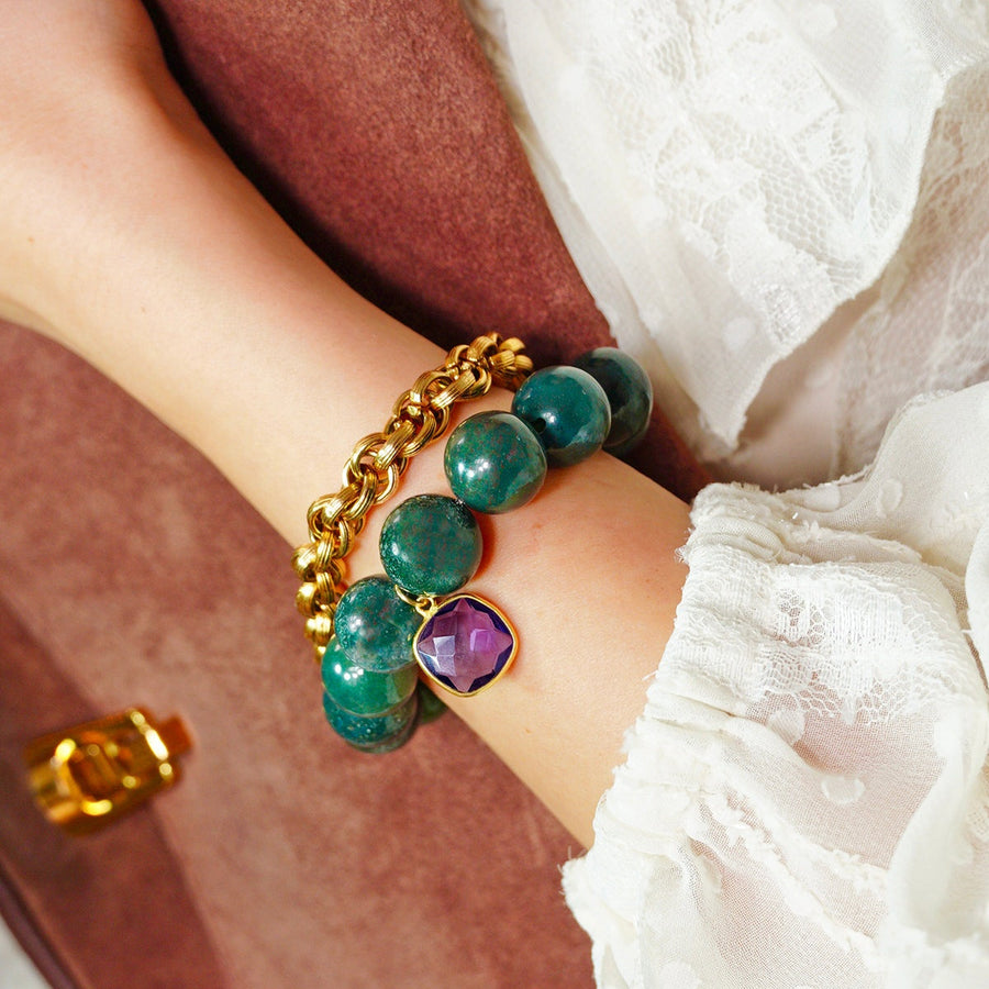 Moosachat Bundle Armband Set mit 18K vergoldetem Edelstahl und Amethyst, eleganter Armschmuck in Grün und Gold