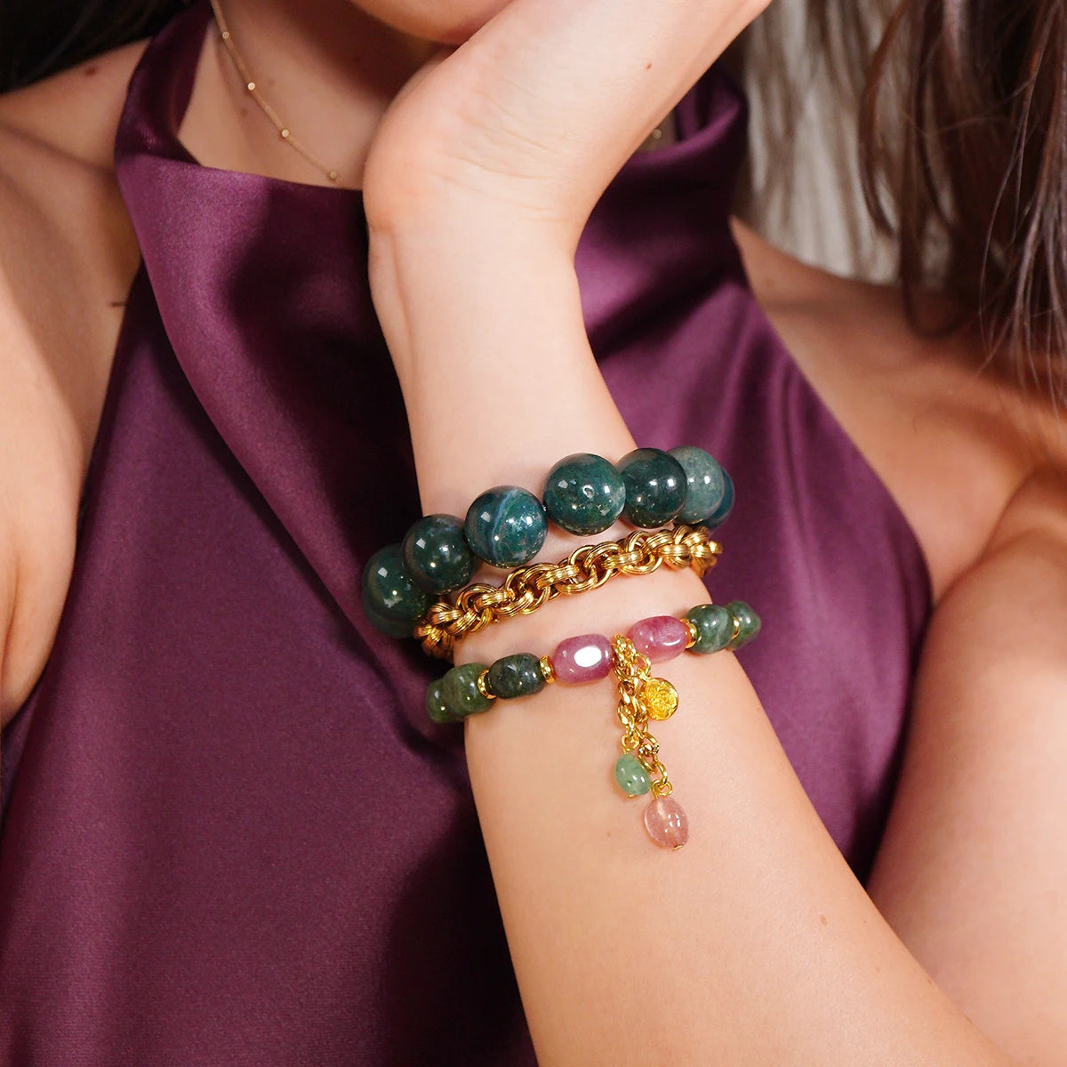 Wild Garden Armband Set - Moosachat und Himbeerquarz