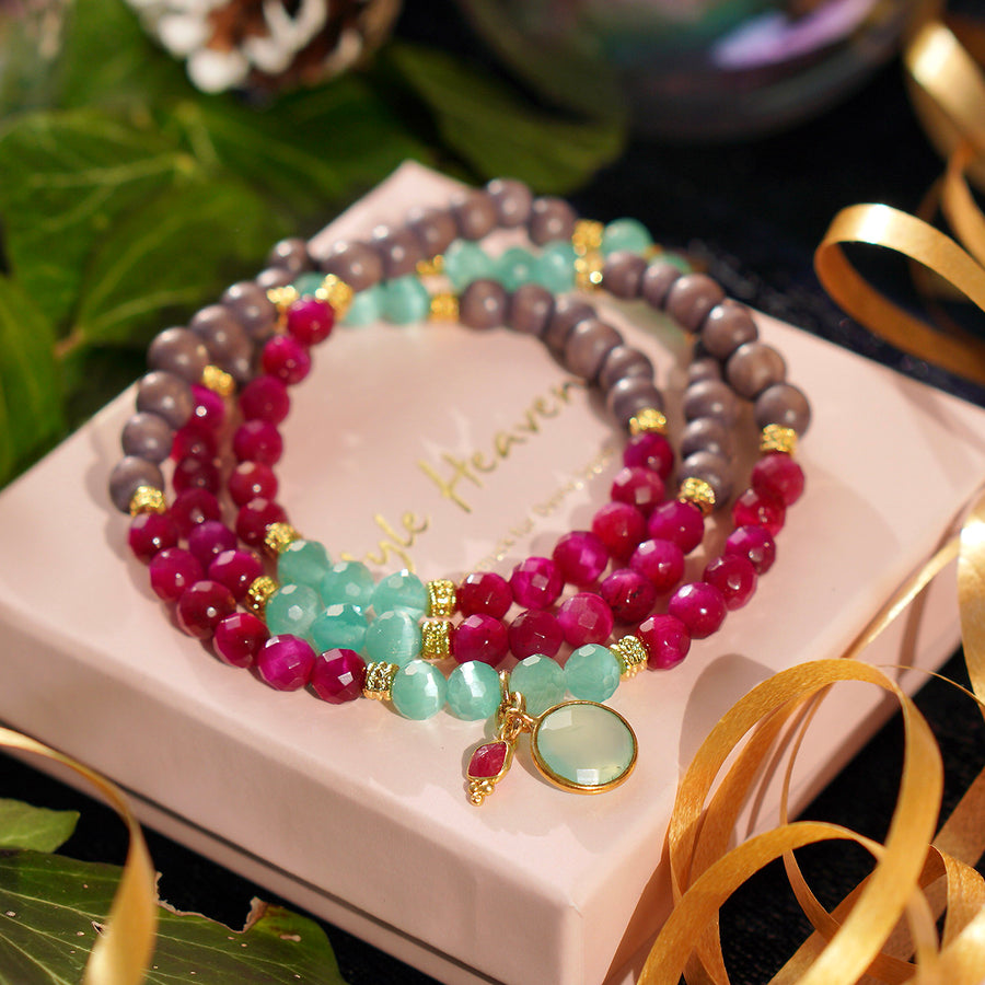 'Winter Passion' Armband, mit Tigerauge, magenta/grau