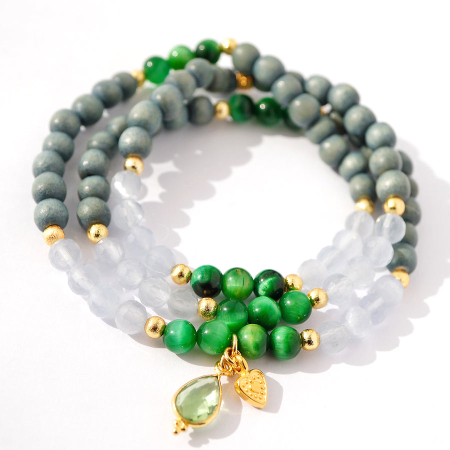 'Eloria' Mala Armband - Holz, Tigerauge, Katzenauge-Quarz, grün/blau