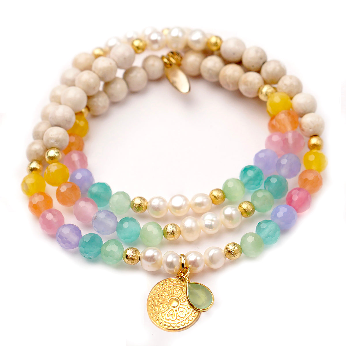 Pastel 'Daydream' Armband with fossil, cat's eye quartz, pearls, and 18K gold-plated brass.