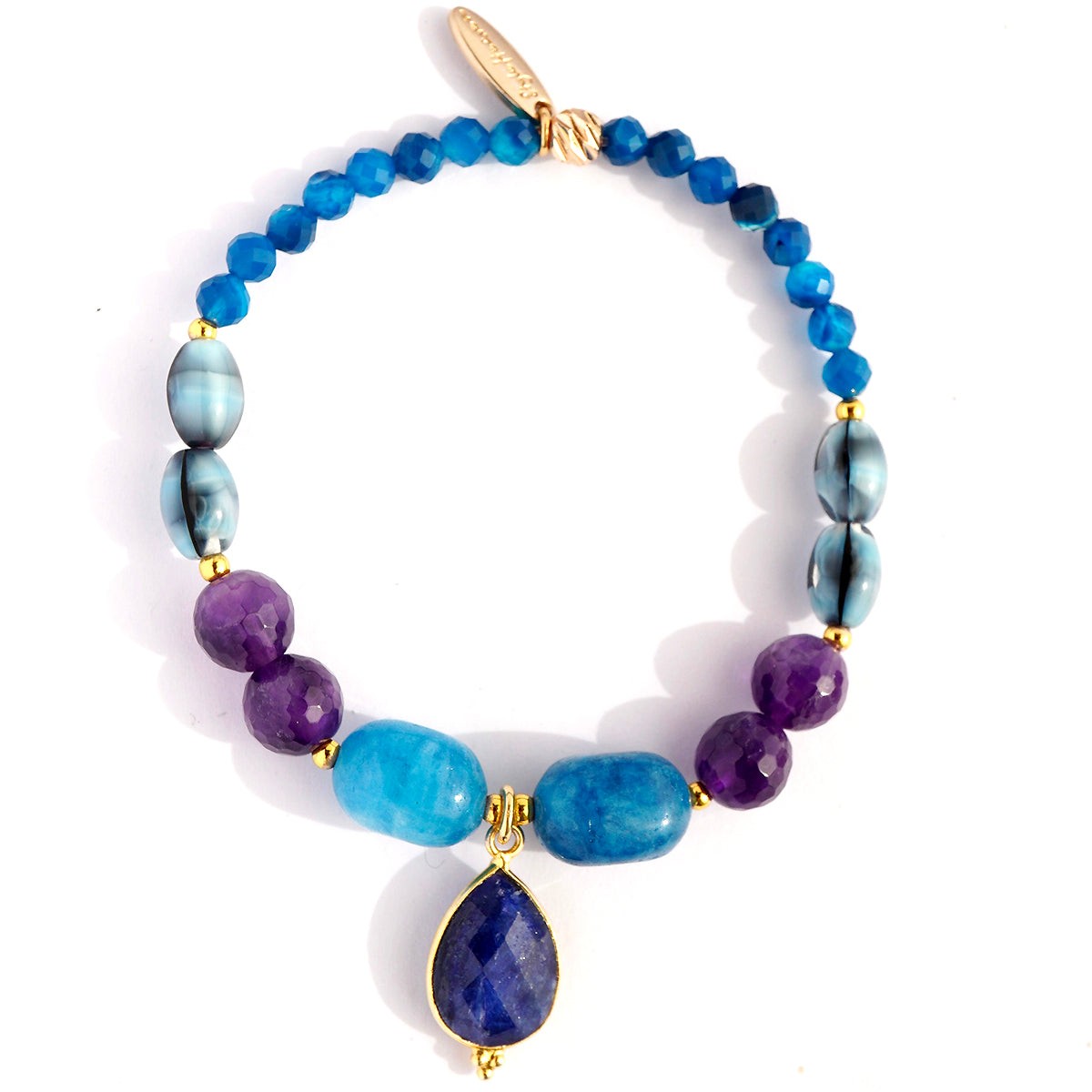 Solara Edelstein Armband mit blauen und violetten Edelsteinen und facettiertem Lapislazuli-Anhänger
