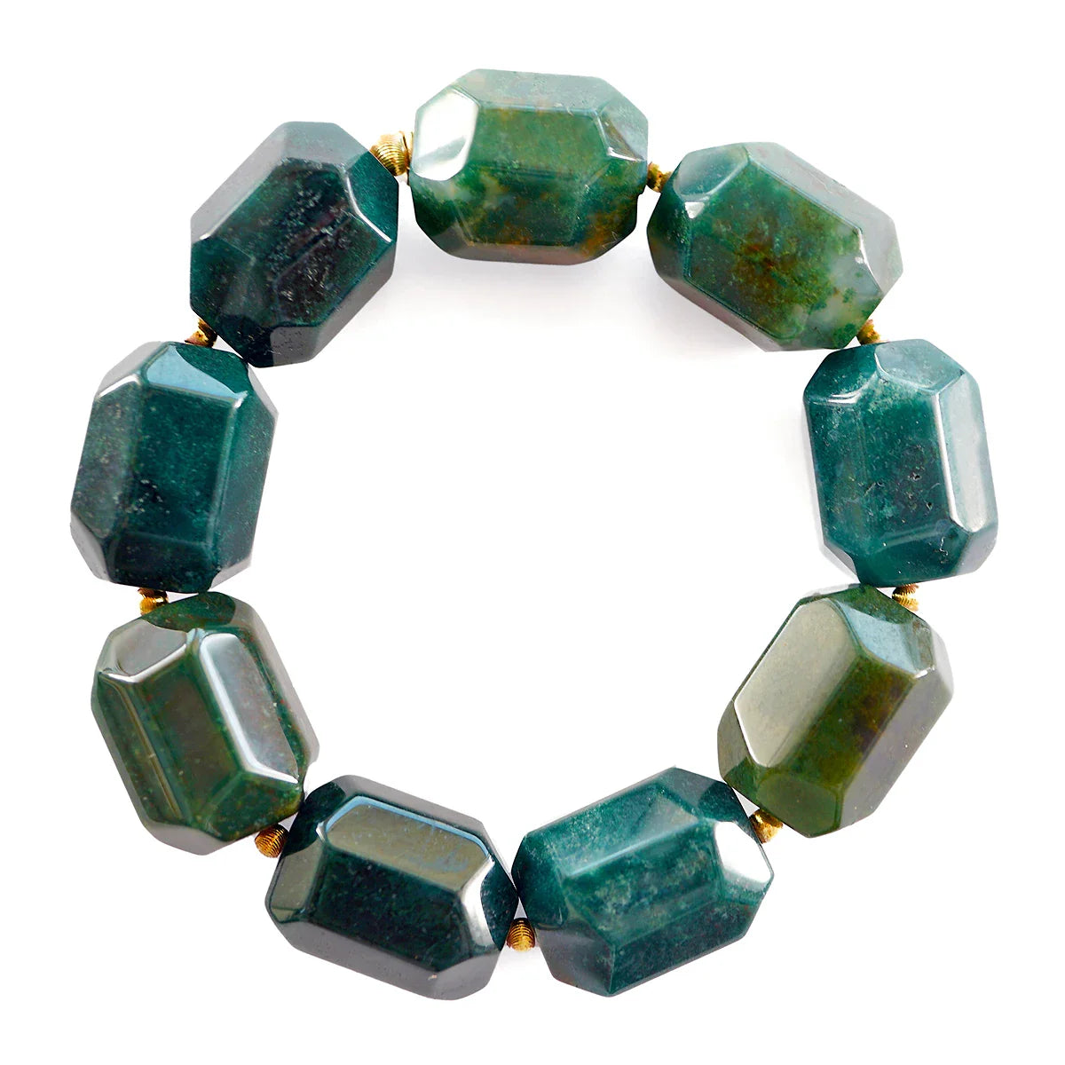 Deep Forest Edelstein Armband aus Moosachat in grünen, facettierten Steinen mit vergoldeten Silberakzenten, handgemacht und elastisch.