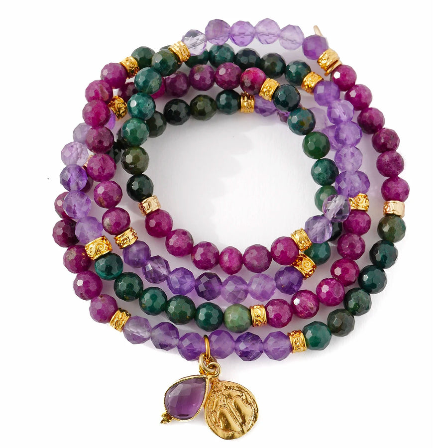 'Miraya' Armband -  Amethyst, Moosachat, Himbeerquarz