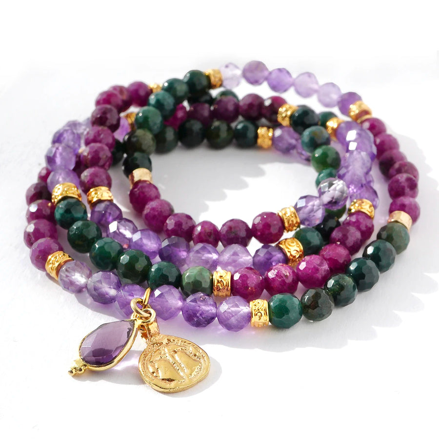 'Miraya' Armband -  Amethyst, Moosachat, Himbeerquarz