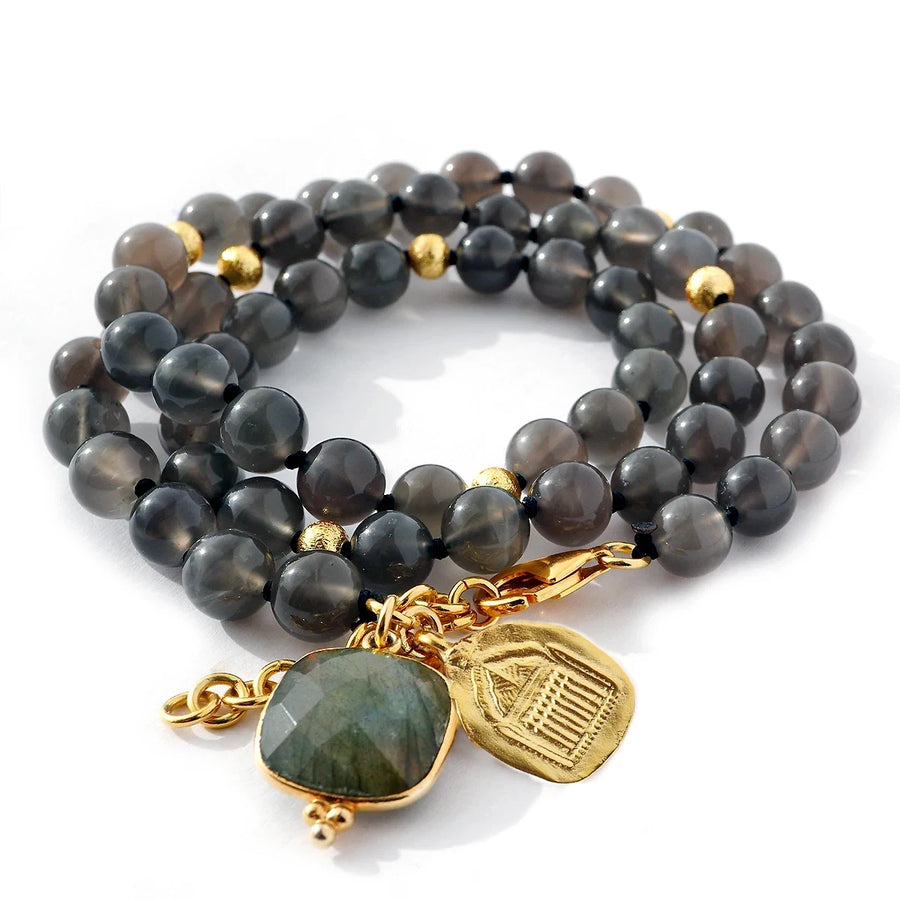 'Silent Moon' Wickelarmband - schwarzer Mondstein 6mm