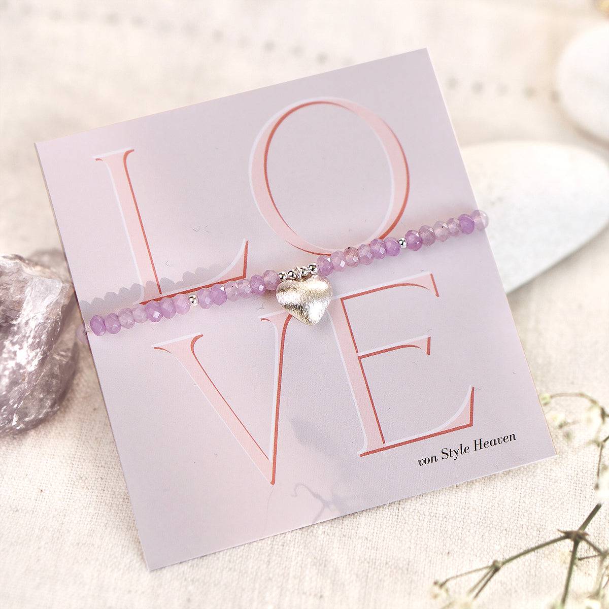 Everlasting Heart Armband with purple jade beads and silver heart charm on display card.