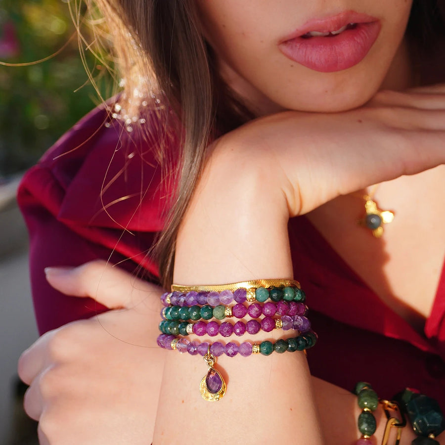 'Miraya' Armband -  Amethyst, Moosachat, Himbeerquarz