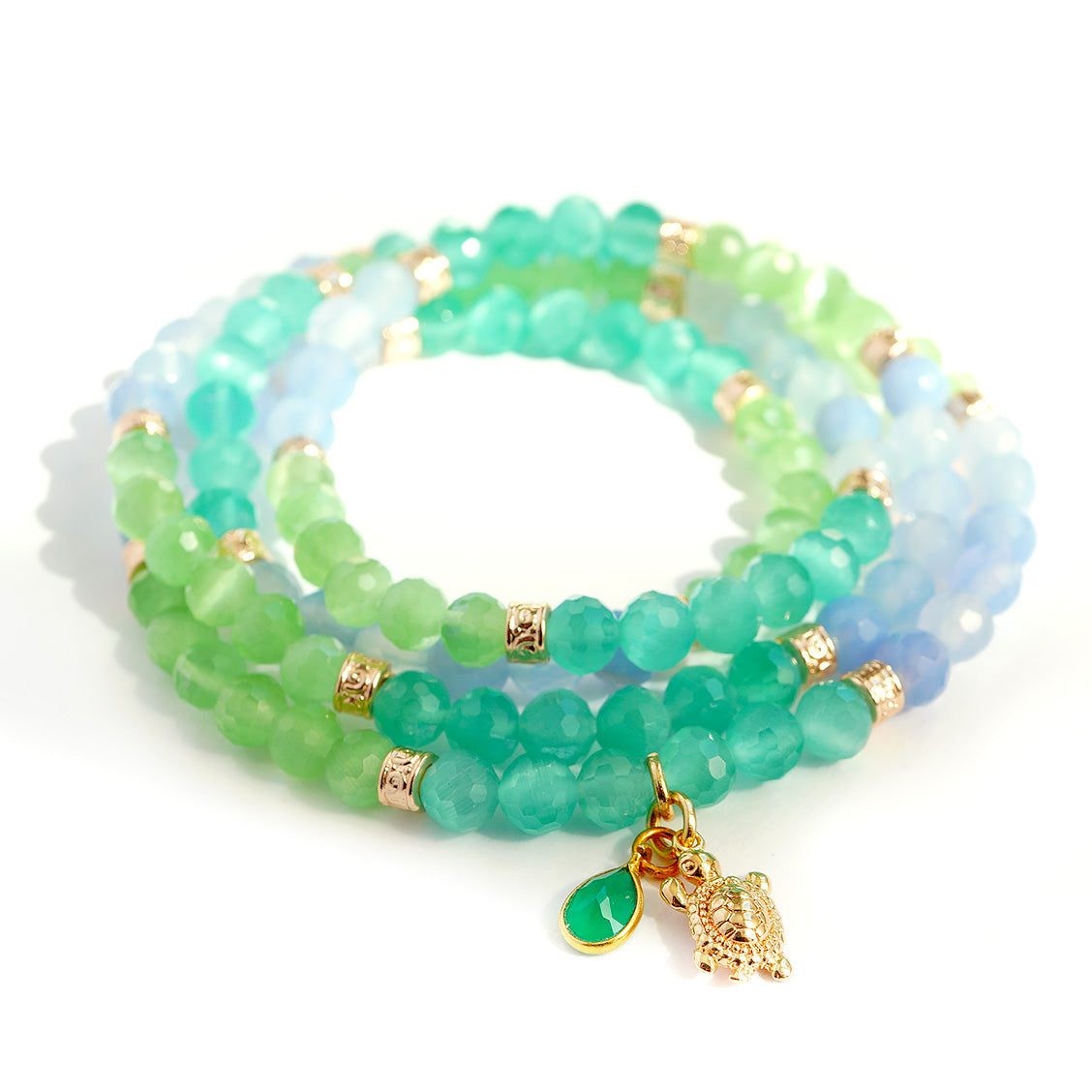 Amalfi Aqua Armband with Cats Eye Quartz and Green Onyx, featuring gold-plated turtle charm.