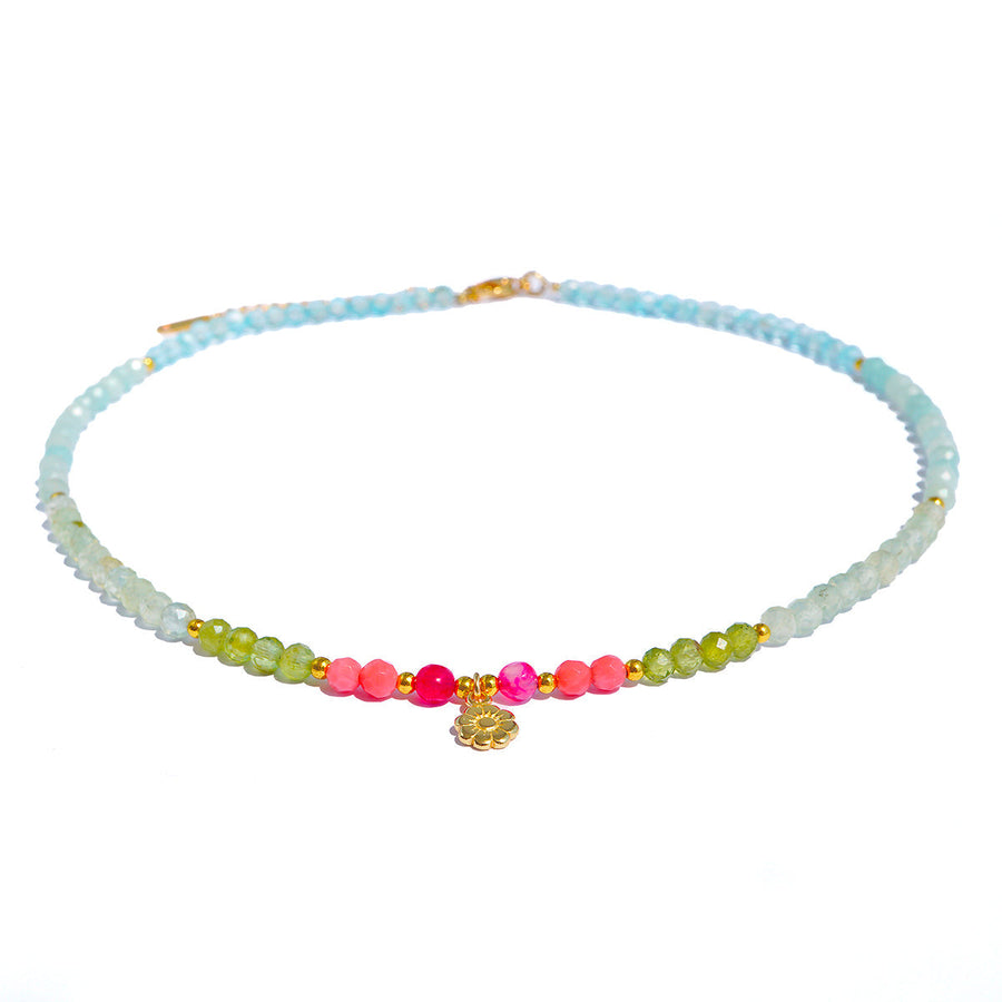 Tahiti Breeze Halskette with Amazonit, Blauer Topas, Rubin-Quarz, and 18K gold-plated silver flower pendant.