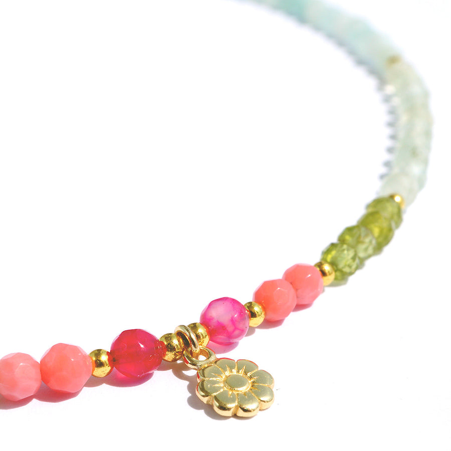 'Tahiti Breeze' necklace with Amazonite, Blue Topaz, Ruby Quartz, and 18K gold plated silver flower pendant.