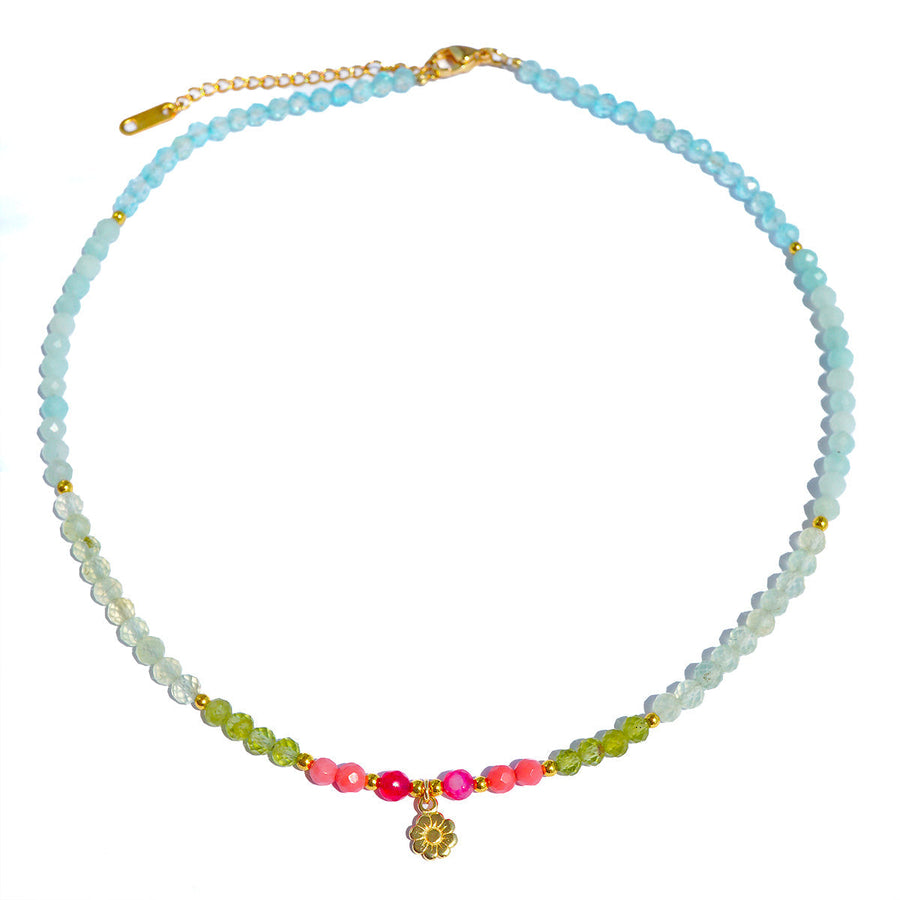 Tahiti Breeze Halskette mit Amazonit, blauem Topas, Rubin-Quarz, und 18K vergoldeter Blume.