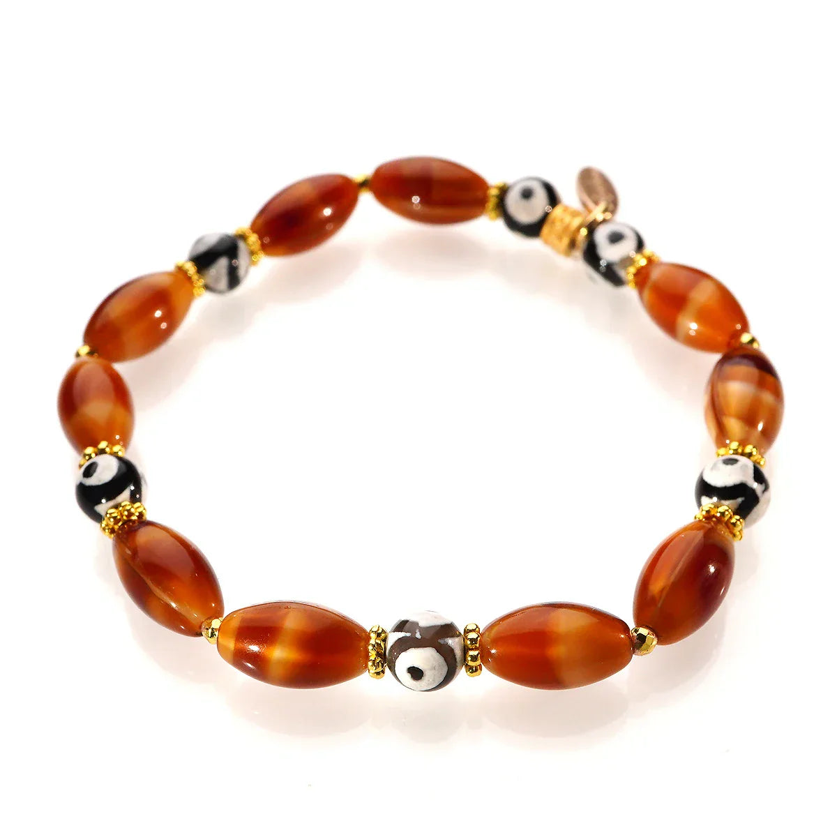 Amber Love Edelstein Armband mit Vintage-Glasperlen und tibetischen Dzi-Perlen, handgefertigt und vergoldet