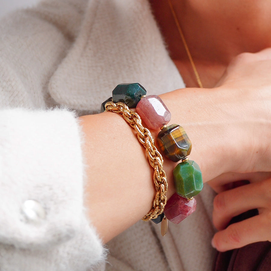 'Gaia 'Chunky Edelstein Armband – Tigerauge, Aventurin, Rubinquarz