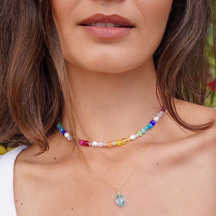 Colorful 'Malibu Dream' gemstone choker necklace, handmade with love, featuring 18K gold-plated silver extension chain.