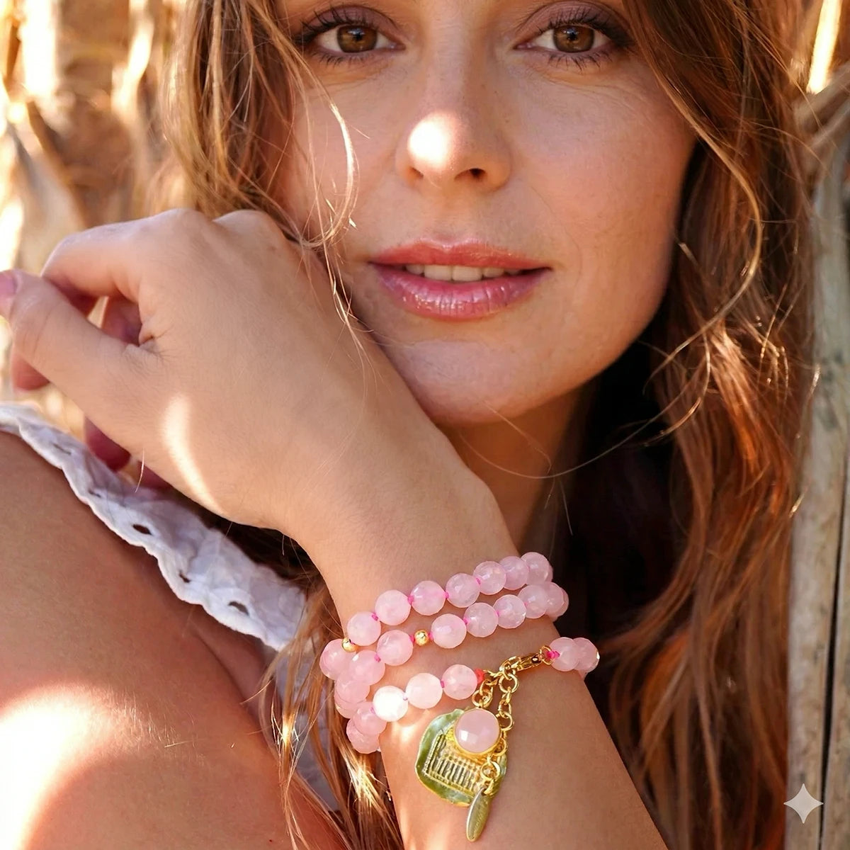 'Rose Love' Wickelarmband - Rosenquarz, geknotet