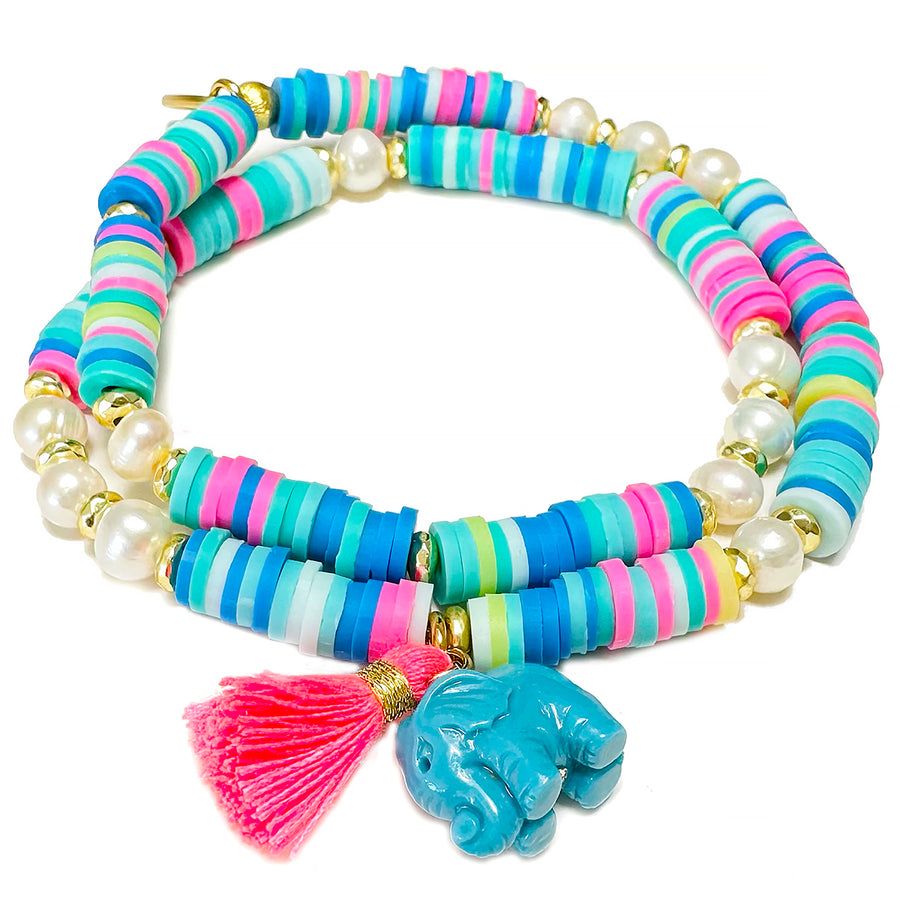 'Blue Elefant' Heishi Armband, blau/pink