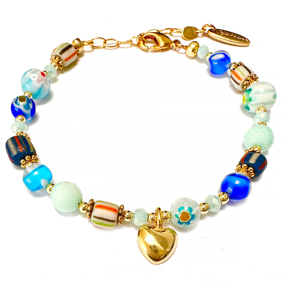'Millifiori' Armband mit vergoldete Silber Herz und Verschluss, aqua/blau