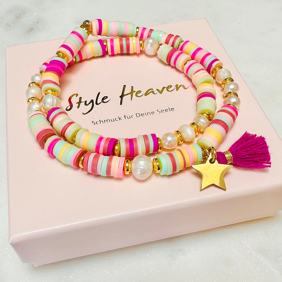 'Love Lila' Heishi Armband mit Stern, pastell/lila