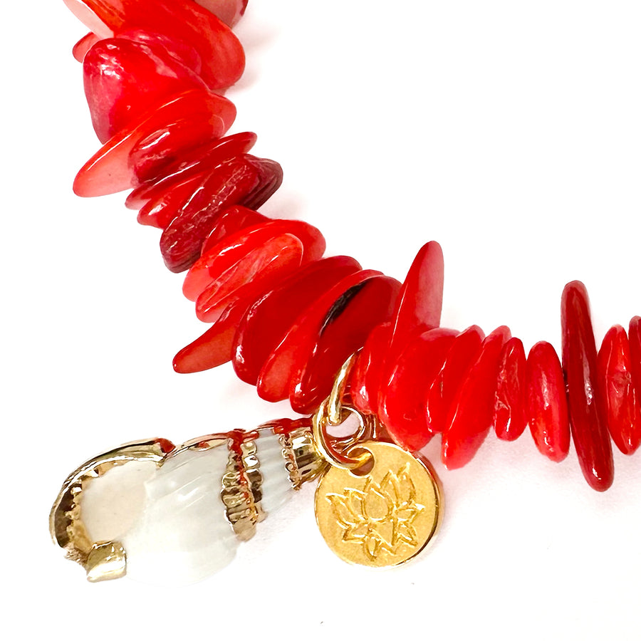 'Coral Crush' Sommerarmband mit Lotus & Muschel, dark coral