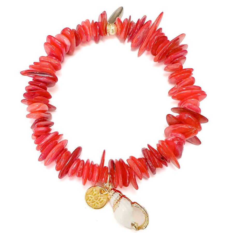 'Coral Crush' Sommerarmband mit Lotus & Muschel, dark coral