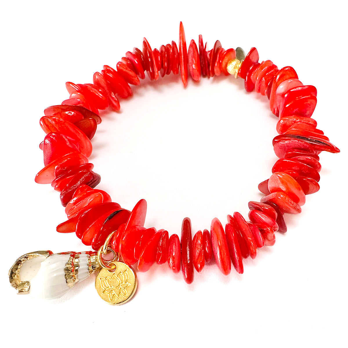 'Coral Crush' Sommerarmband mit Lotus & Muschel, dark coral