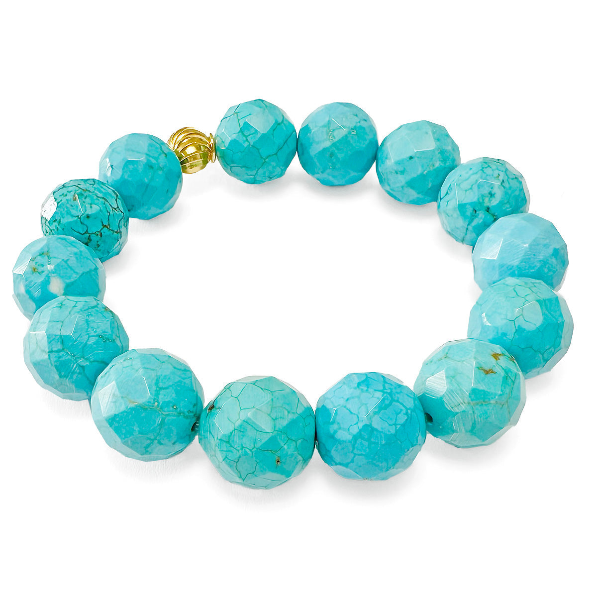 Elastisches Sommer Armband aus türkisen 14mm Kugeln mit 18K vergoldeter Fassung