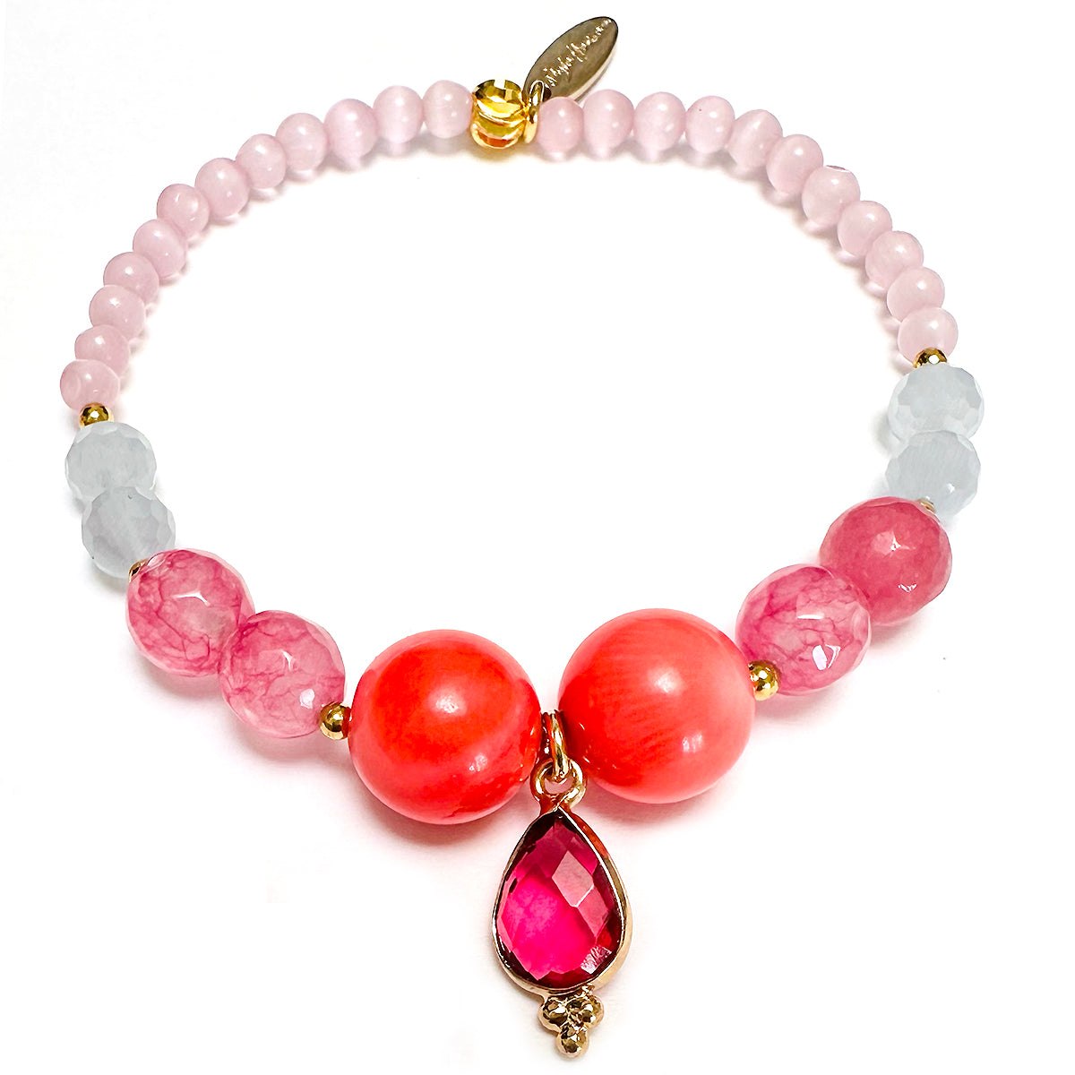 Sommer Armband mit pinkem Turmalin und bunten Edelsteinen, handgefertigt und elastisch