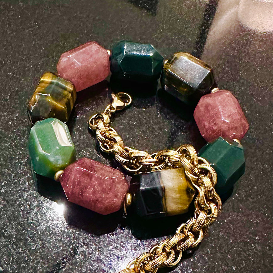 'Gaia 'Chunky Edelstein Armband – Tigerauge, Aventurin, Rubinquarz