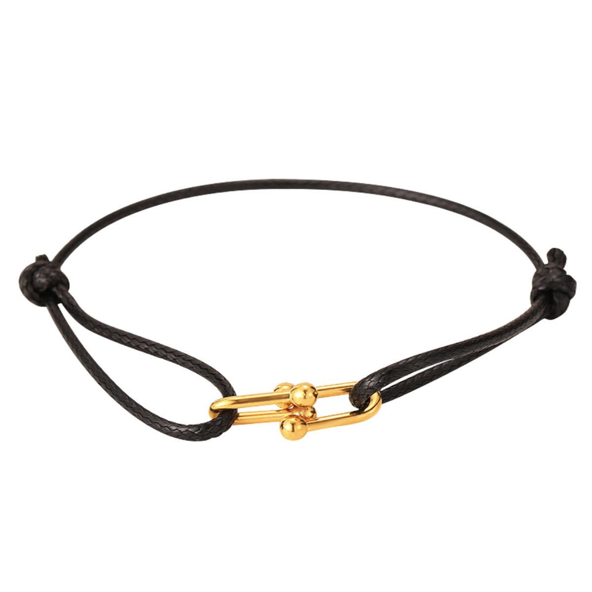 schwarzes Leder Armband mit vergoldeter Edelstahlschnalle, verstellbar, elegant zu Goldschmuck passend, Makramee-Armband Stil