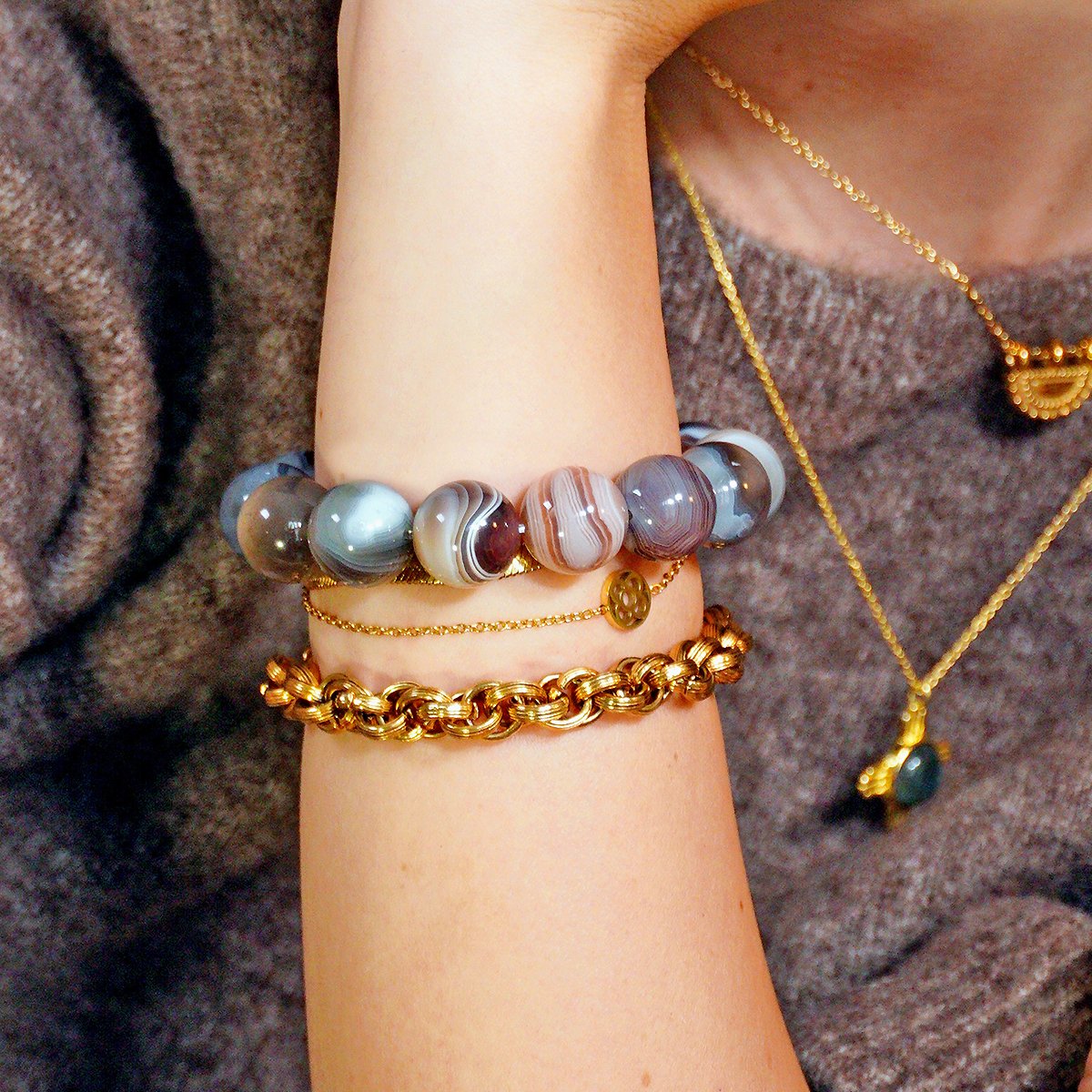 Terra Lines und Byzantin Set - Botswana Achat, 18K vergoldeter Edelstahl