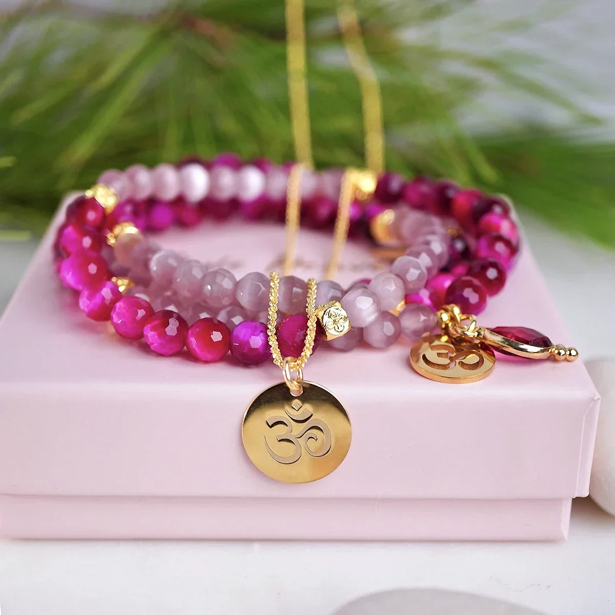 Om Armband & Halskette-Set - Tigerauge, 18K vergoldetes Silber