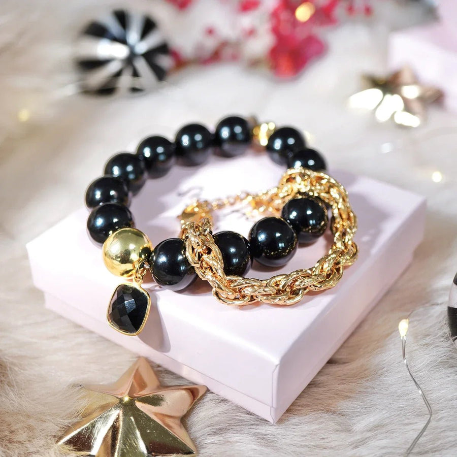 Aurora Noire Armband Set aus schwarzem Onyx und 18K vergoldetem Edelstahl Onyx Bundle