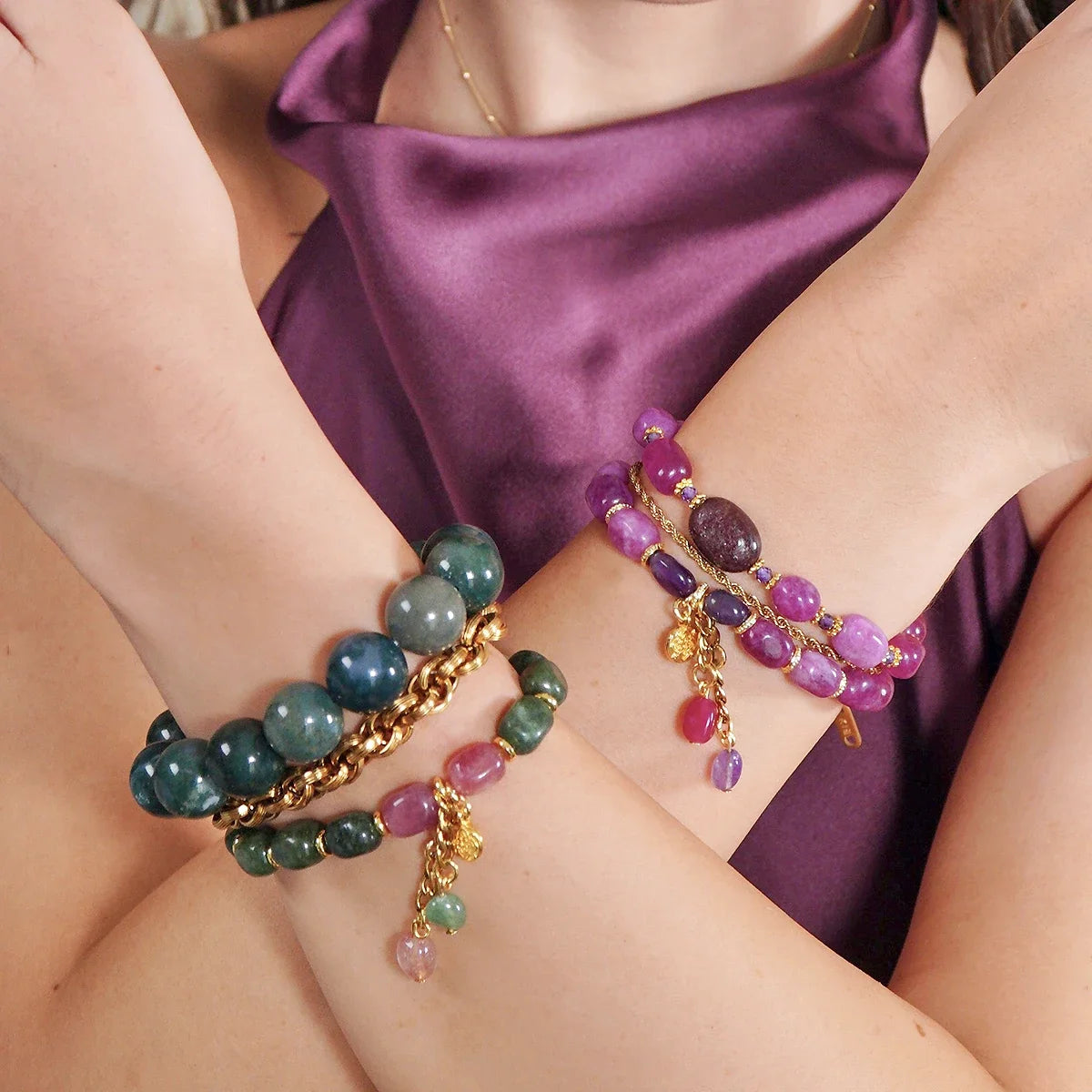 Wild Garden Armband Set - Moosachat und Himbeerquarz: Armbänder mit Moosachat und Himbeerquarz.