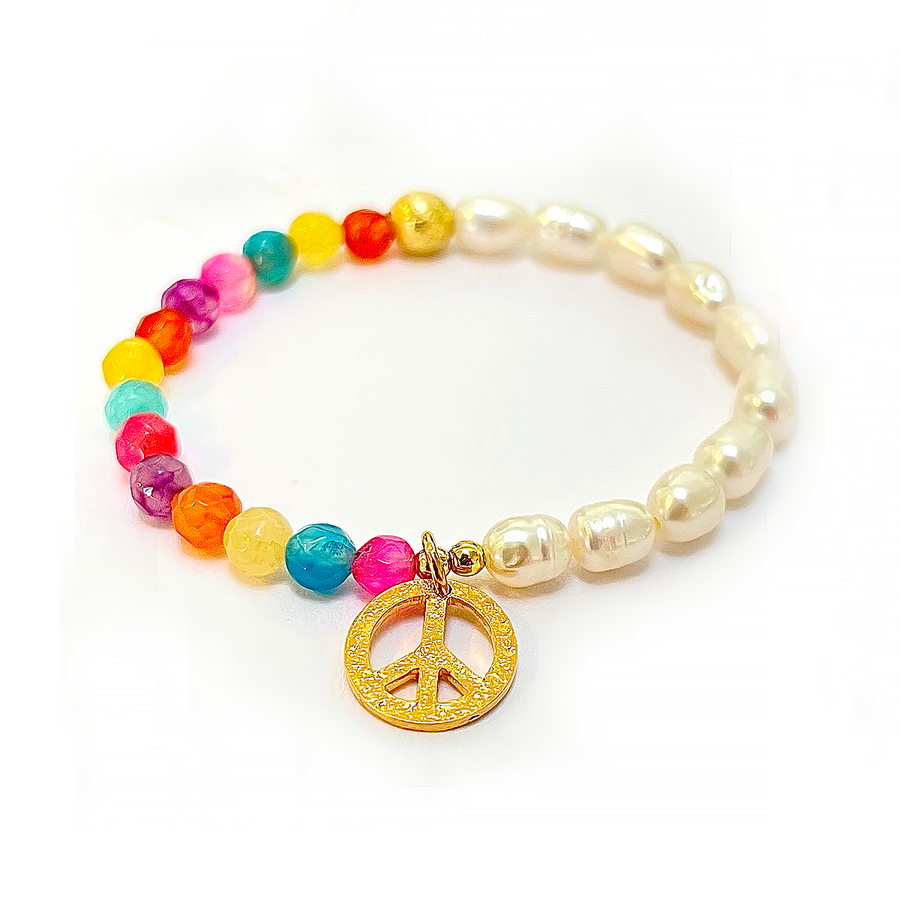 Für Kinder: Peace Armband mit Süßwasser Perlen, gold