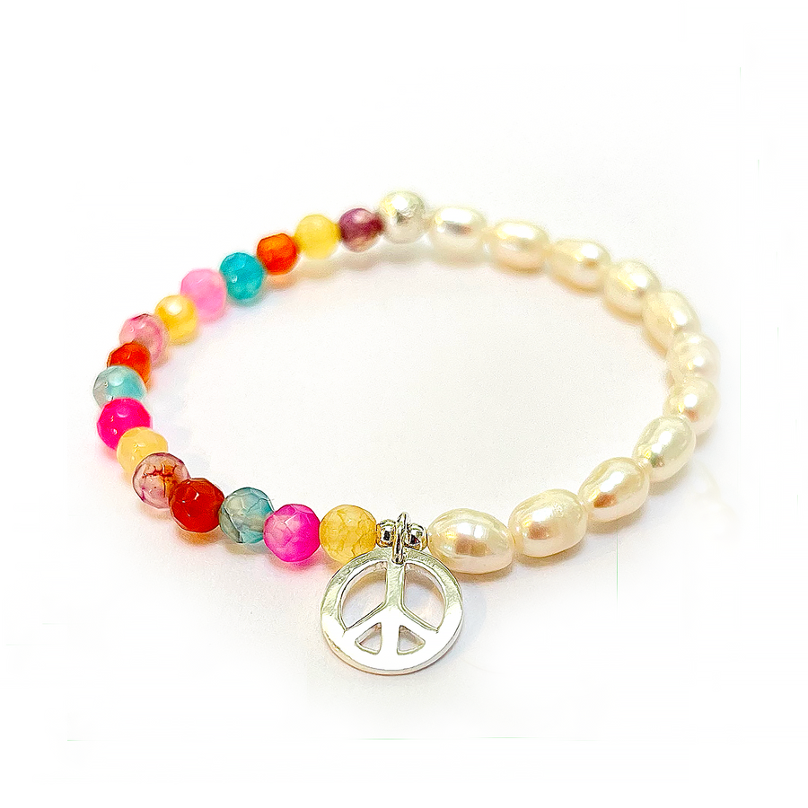 Für Kinder:  Peace Armband mit Süßwasser Perlen, Silber