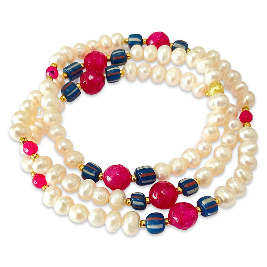 Süßwasser Perlen Armband mit margenta Achat, 3-fach